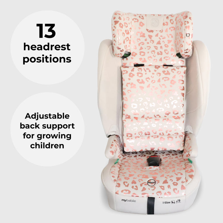 Children's car seat with pink leopard print headrest and back support on a white background