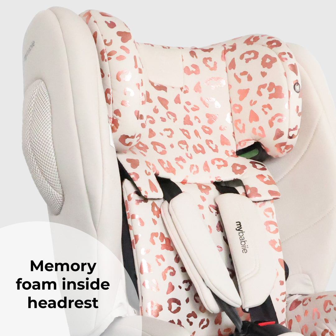 Car seat with pink leopard print headrest cover on a white background