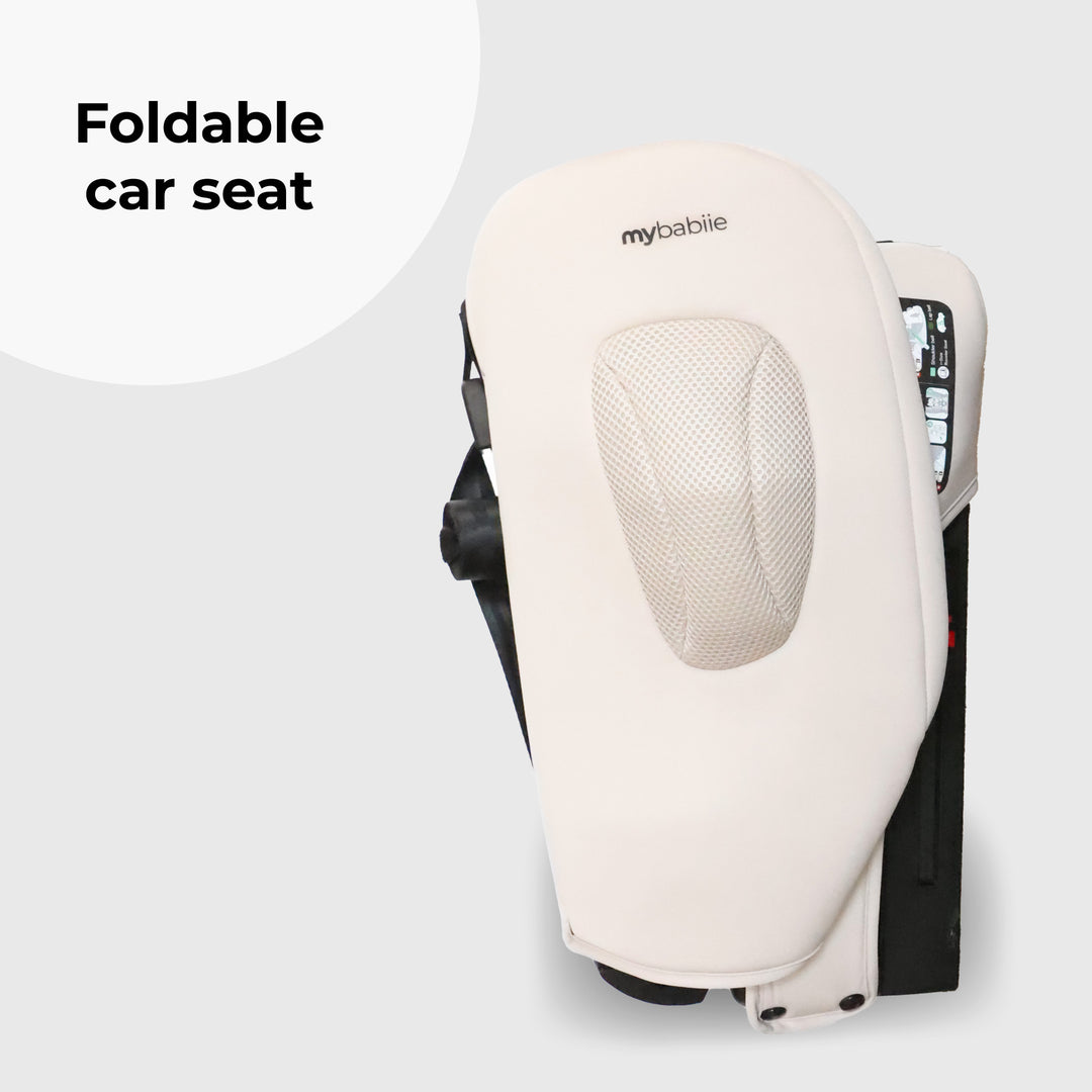 Foldable car seat with 'my babie' branding on a light gray background