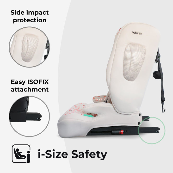 Child car seat with side impact protection, easy ISOFIX attachment, and i-Size safety certification on a white background.