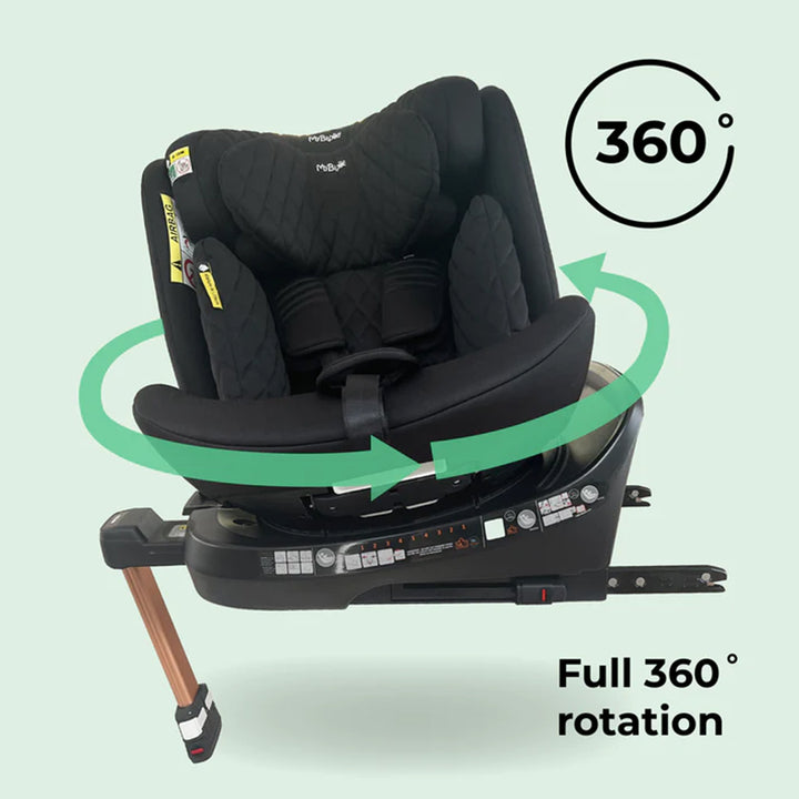 Black car seat with 360-degree rotation feature on a light green background