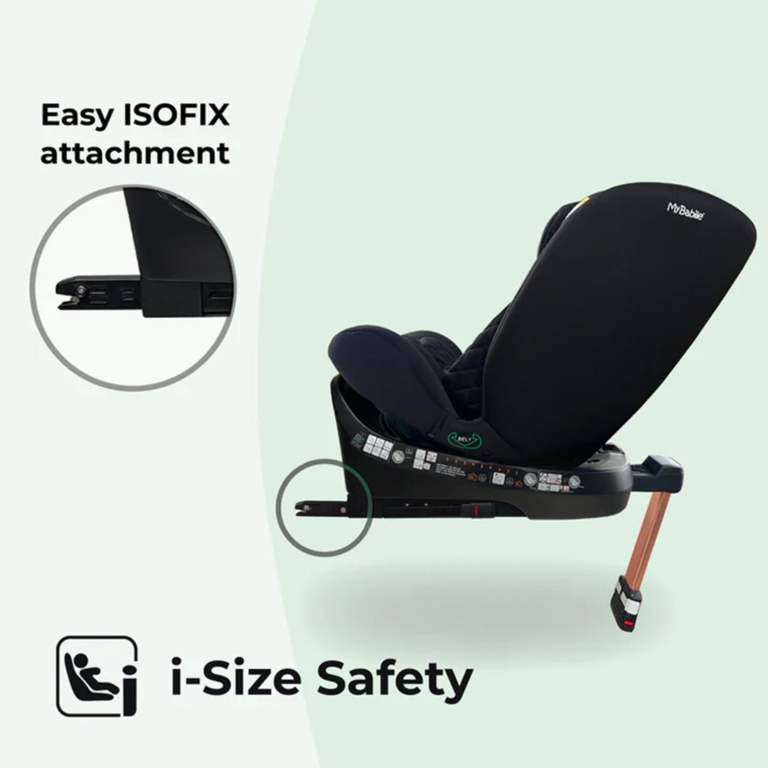 Black car seat with Easy ISOFIX attachment and i-Size Safety label on a light green background