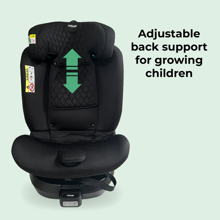 Black child car seat with adjustable back support feature on a light green background