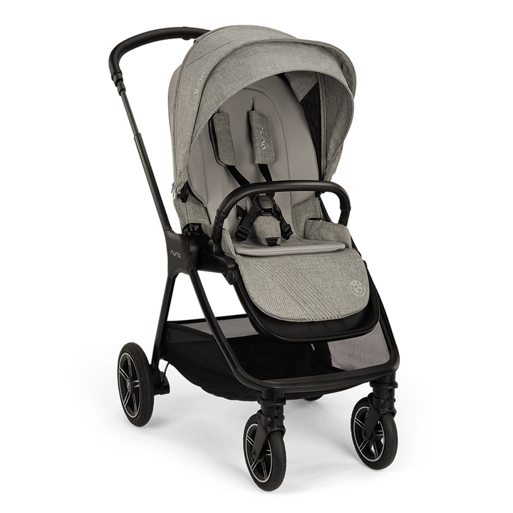 Gray and black stroller on a white background