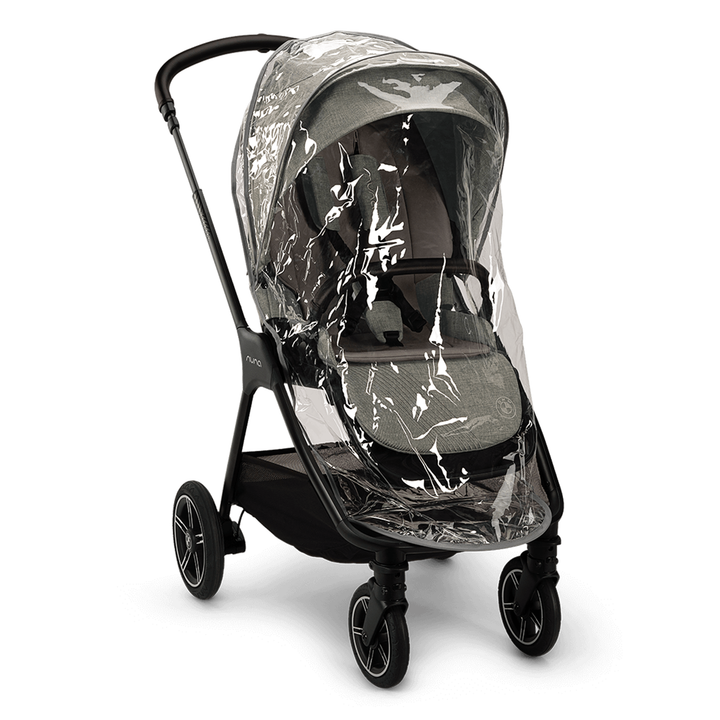 Baby stroller with clear rain cover on a white background
