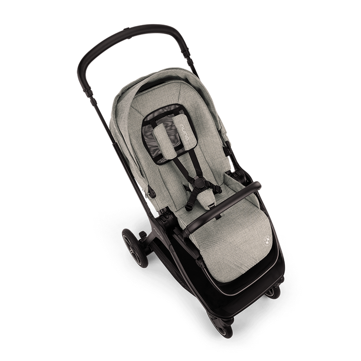 Baby stroller with gray seat and black frame on a white background
