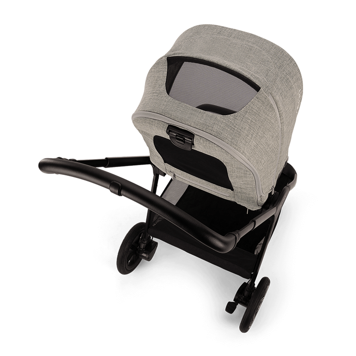 Gray baby seat with black frame on a white background