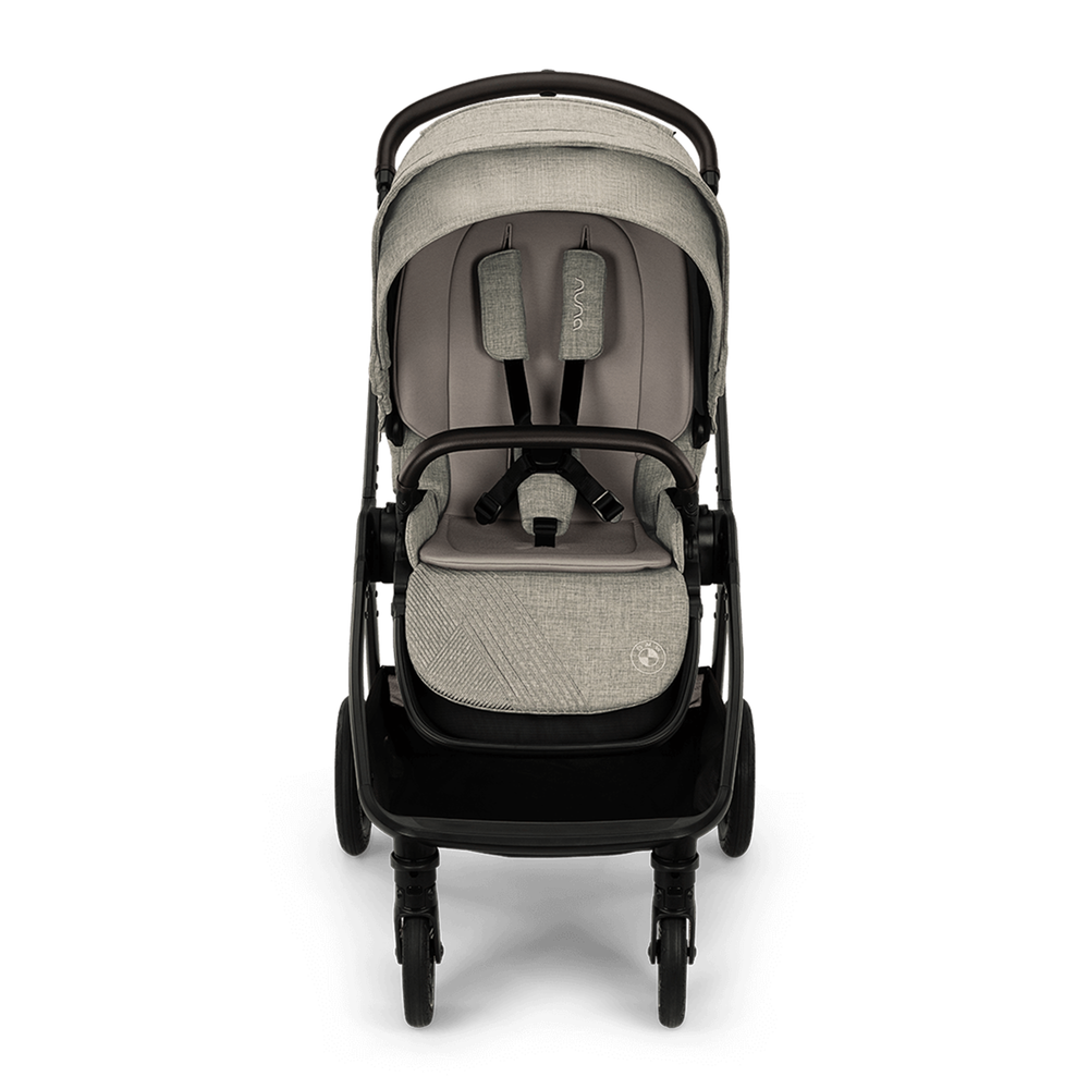 Gray and black stroller on a white background