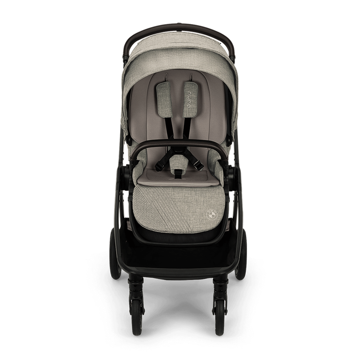 Gray and black stroller on a white background