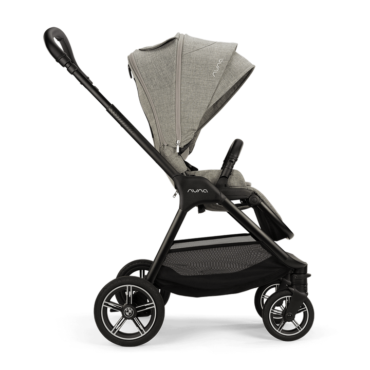 Gray stroller with black wheels on a white background