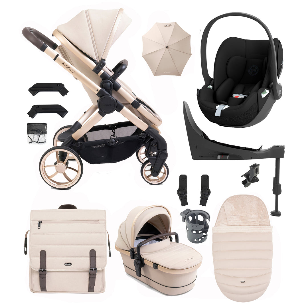 Collection of baby stroller and car seat components on a white background