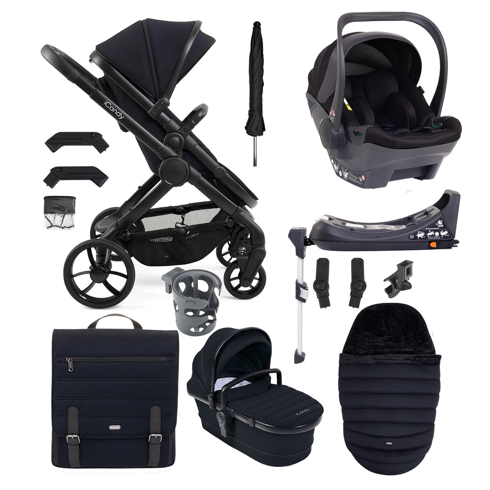 Collection of black baby stroller and car seat accessories on a white background