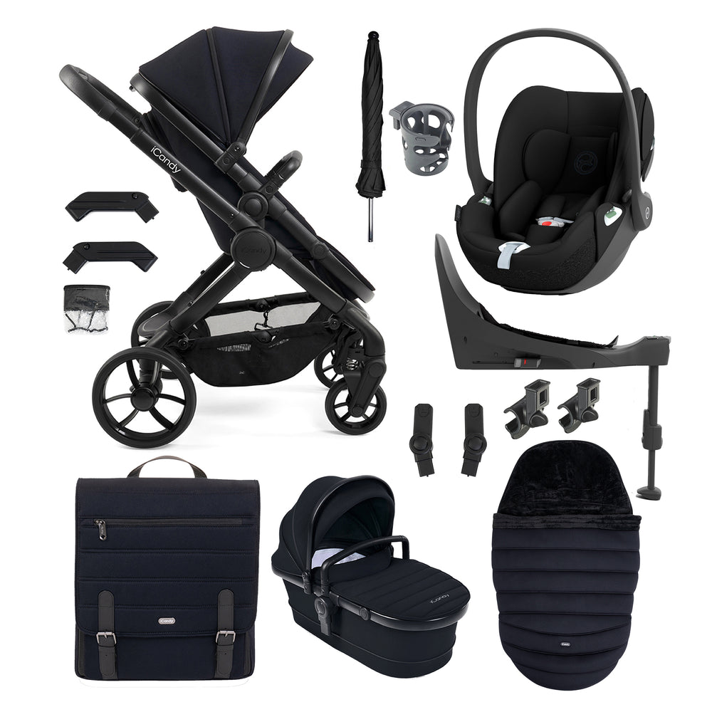 Black baby stroller and car seat set with accessories on a white background