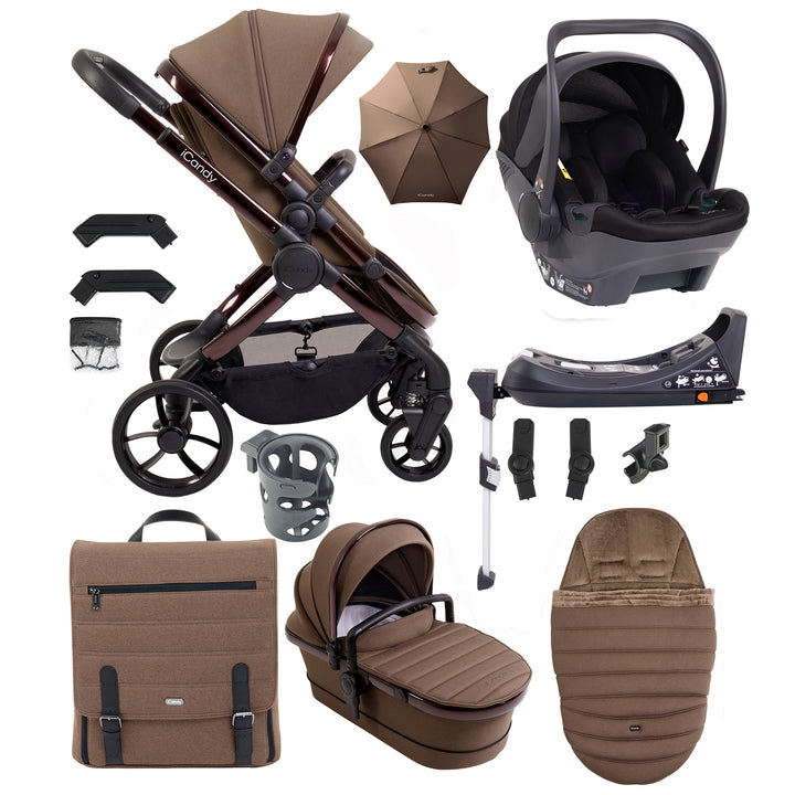 Collection of brown and black baby stroller and car seat accessories on a white background