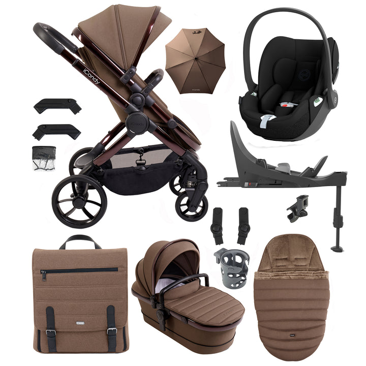Collection of brown baby stroller and car seat accessories on a white background