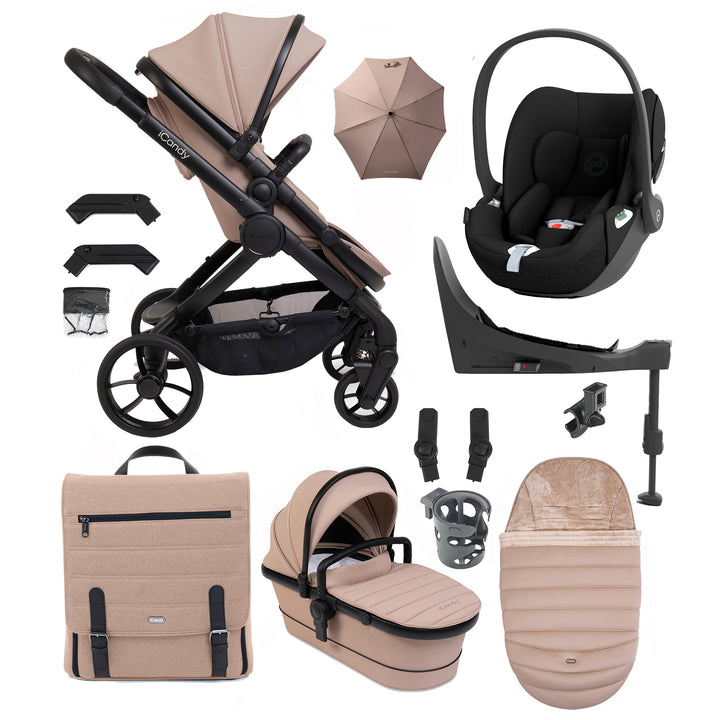 Collection of baby stroller and car seat accessories on a white background
