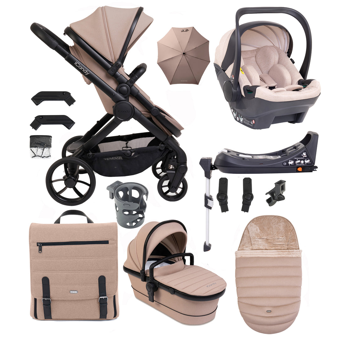 Collection of baby stroller and car seat accessories on a white background