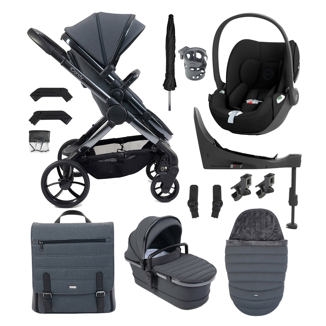 Collection of black and gray baby stroller and car seat accessories on a white background