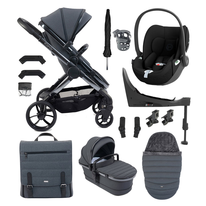 Collection of black and gray baby stroller and car seat accessories on a white background