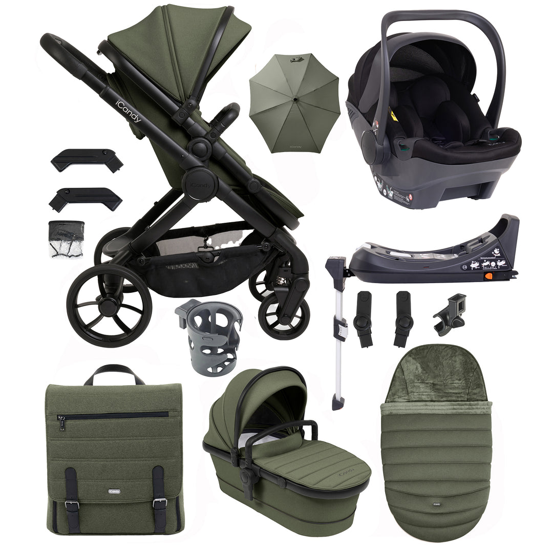 Collection of green and black baby stroller accessories on a white background