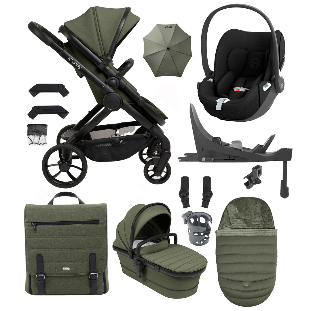 Collection of green and black baby stroller and car seat accessories on a white background
