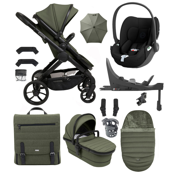 Collection of green and black baby stroller and car seat accessories on a white background