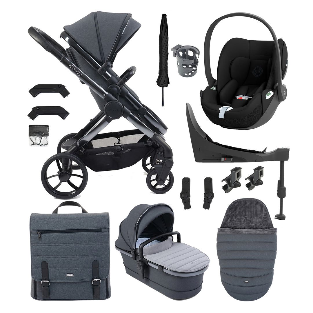 Collection of baby stroller and car seat accessories on a white background