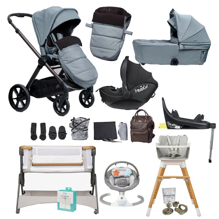 Collage of various baby products including stroller, car seat, high chair, and more on a white background.