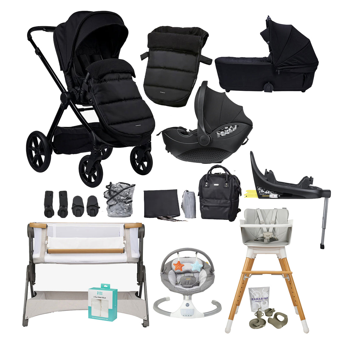 Collection of black baby stroller, car seat, bassinet, high chair, and other baby products on a white background.