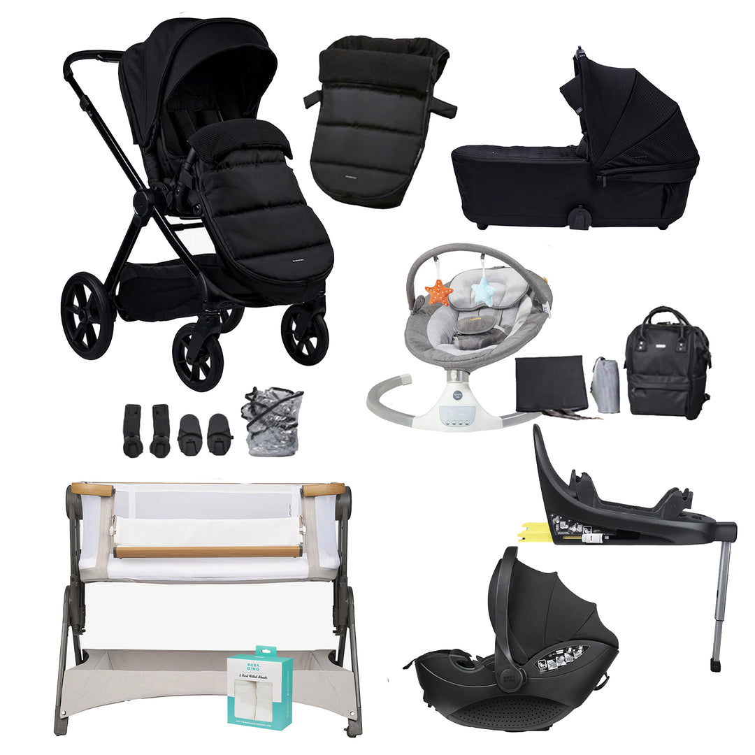 Collage of various baby products including strollers, car seats, and a bouncer on a white background.