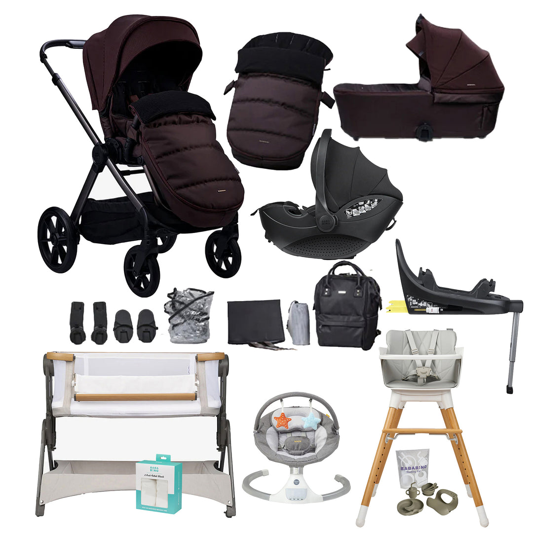 Collection of baby products including stroller, car seat, high chair, and more on a white background