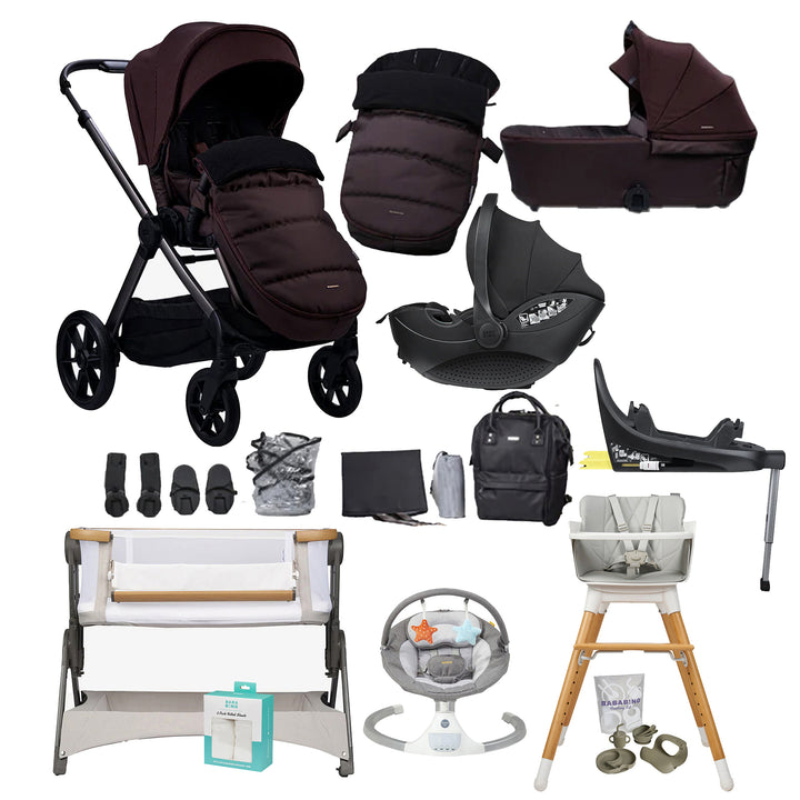 Collection of baby products including stroller, car seat, high chair, and more on a white background