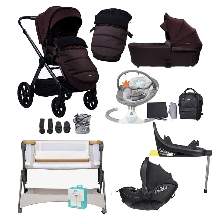 Collection of baby products including stroller, car seat, and crib on a white background