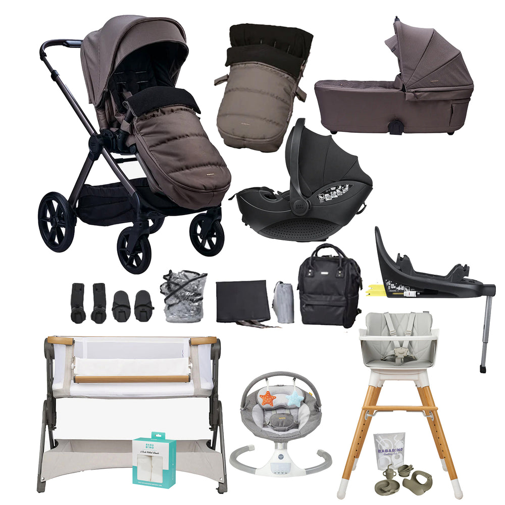 Collection of baby products including stroller, car seat, high chair, and more on a white background