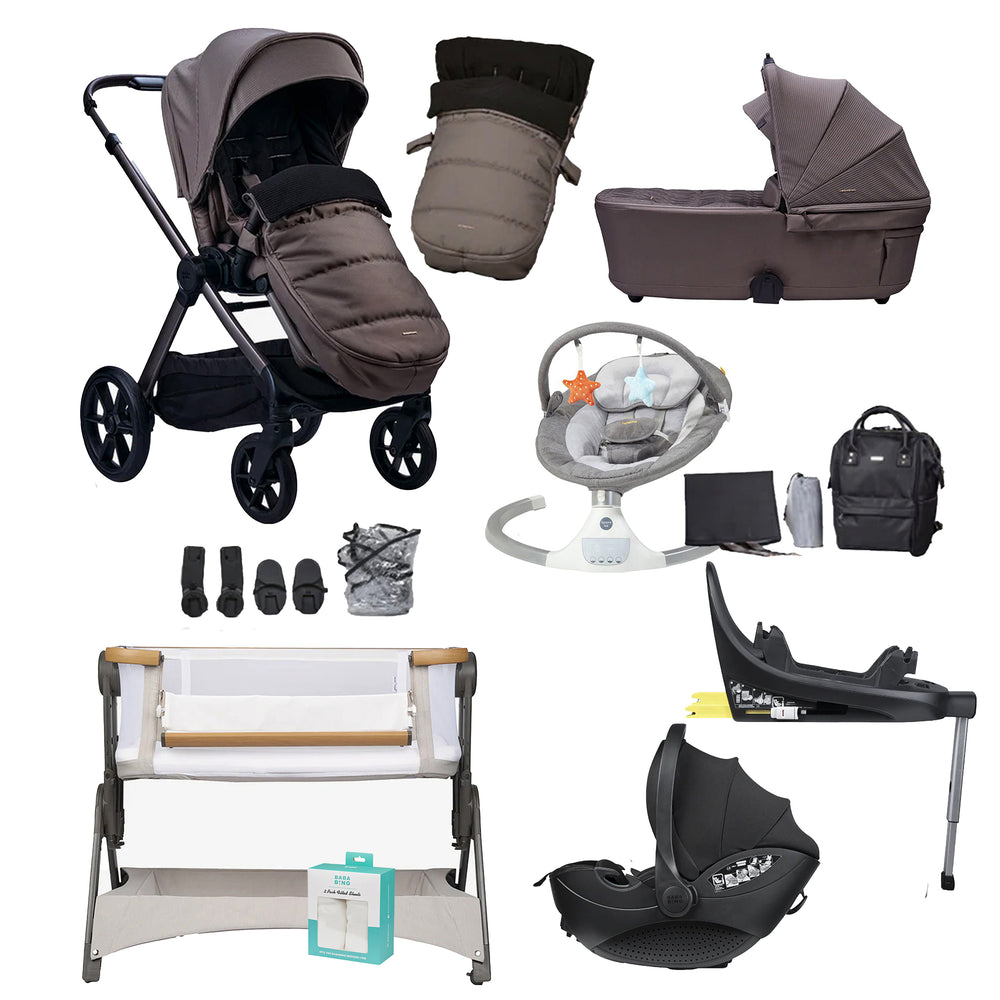 Collection of baby products including strollers, car seats, and a bouncer on a white background.