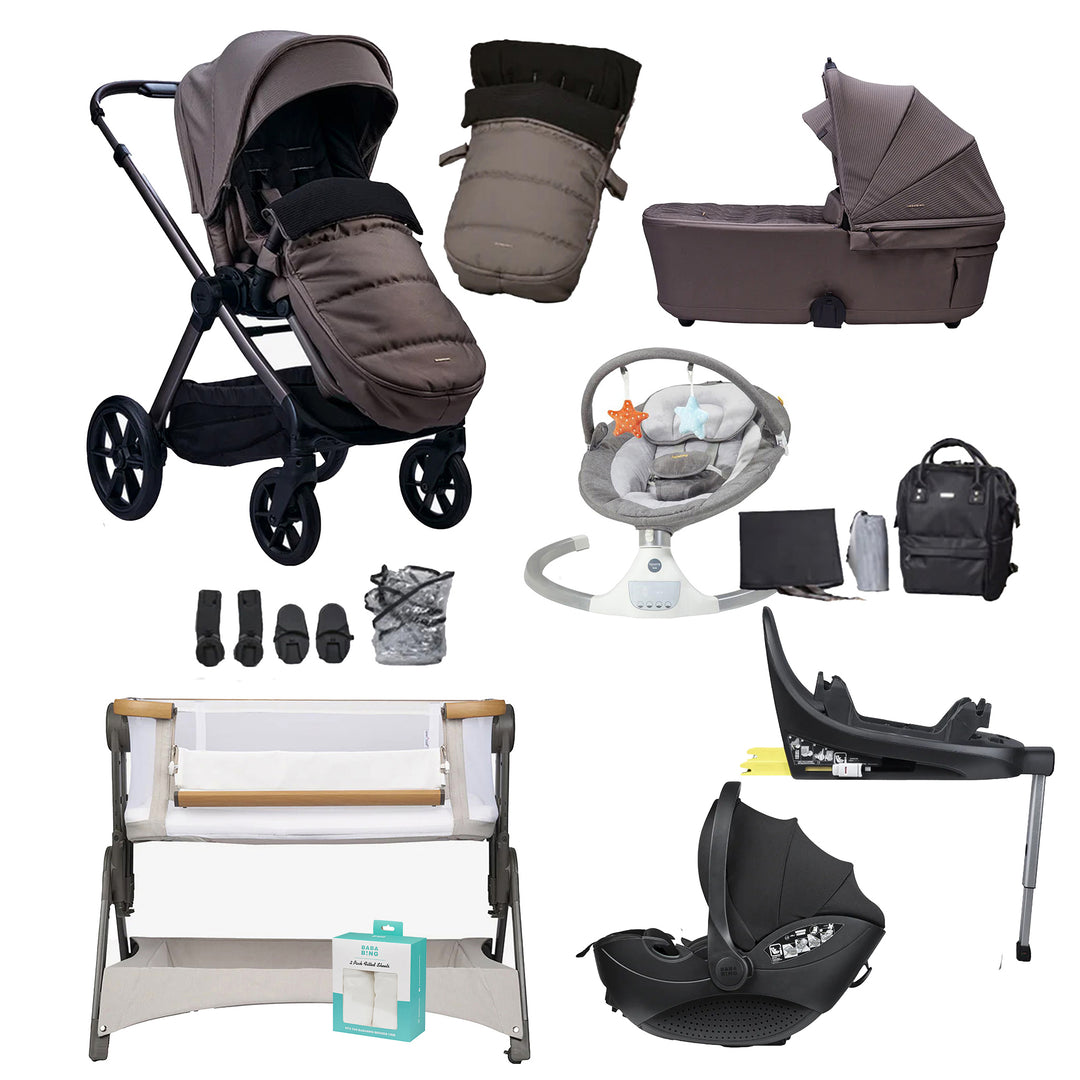 Collection of baby products including strollers, car seats, and a bouncer on a white background.