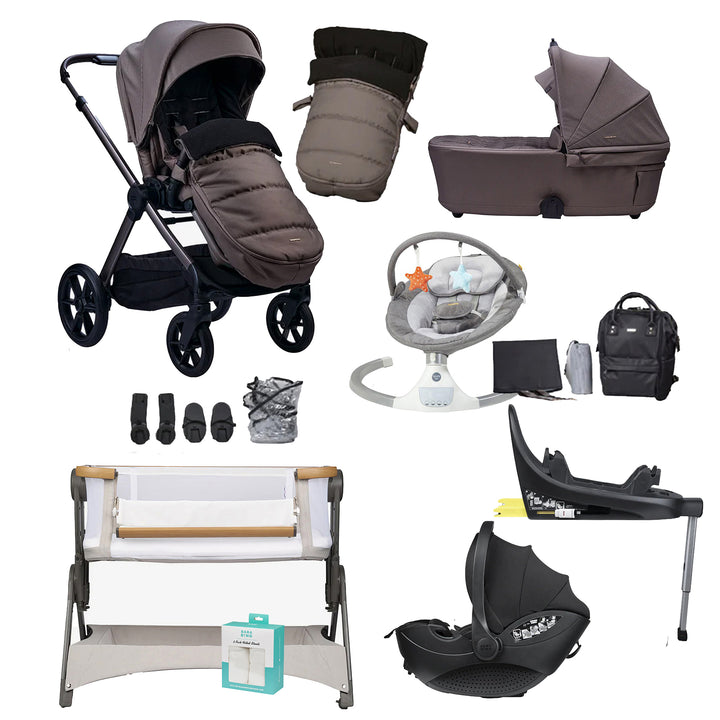 Collection of baby products including strollers, car seats, and a bouncer on a white background.