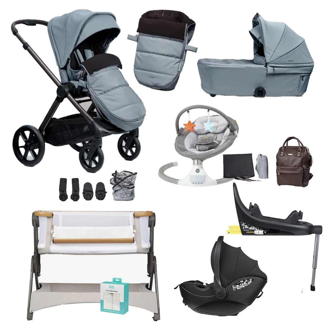 Collection of baby products including a stroller, car seat, and other accessories on a white background.