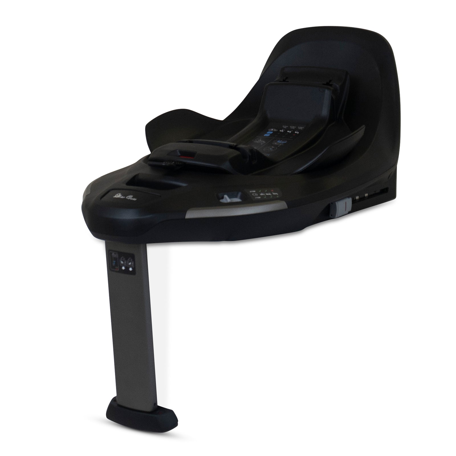 A black Silver Cross Base Plus 360 i-Size car seat base with a support leg and ISOFIX connectors.