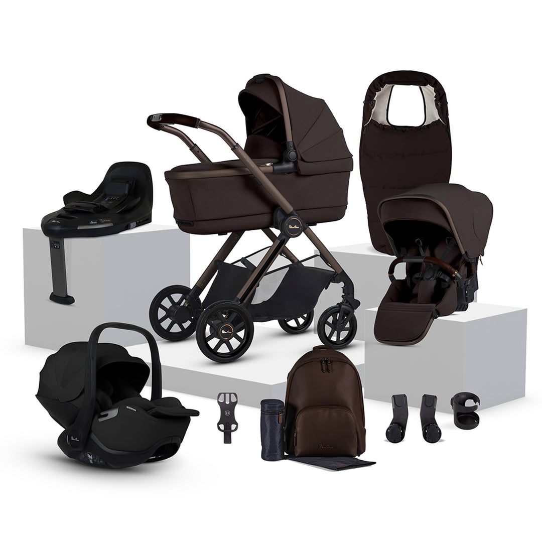 Brown and black baby stroller and car seat set on a white background