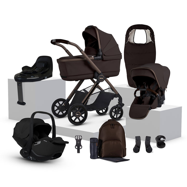 Brown and black baby stroller and car seat set on a white background