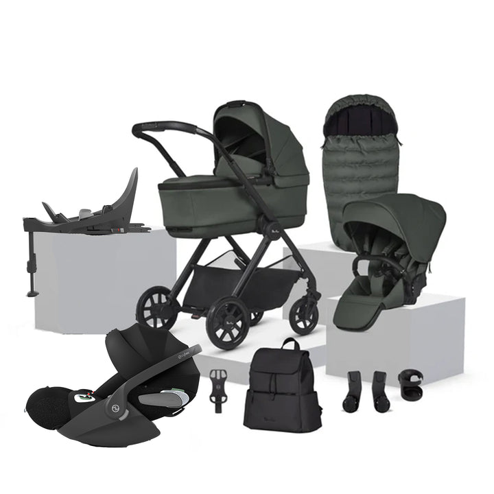 Collection of baby stroller and related accessories on a white background