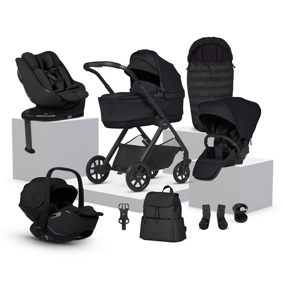 Black baby stroller and car seat set on a white background