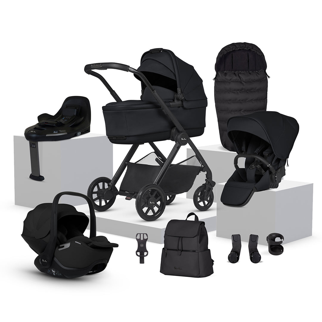 Black baby stroller and car seat set on a white background