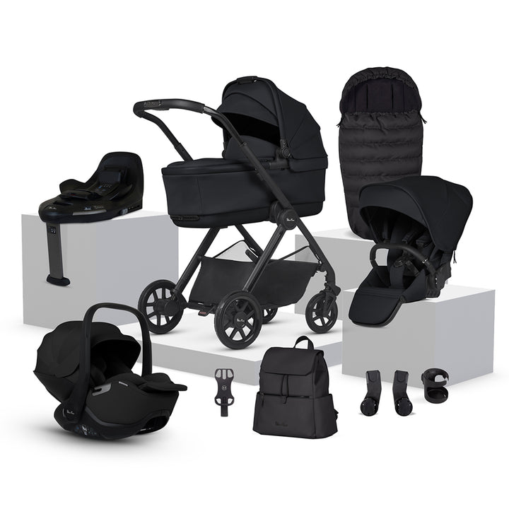 Black baby stroller and car seat set on a white background