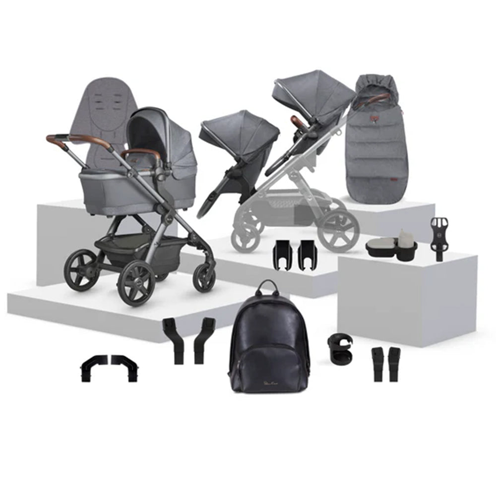 Collection of baby stroller and accessories on a white background