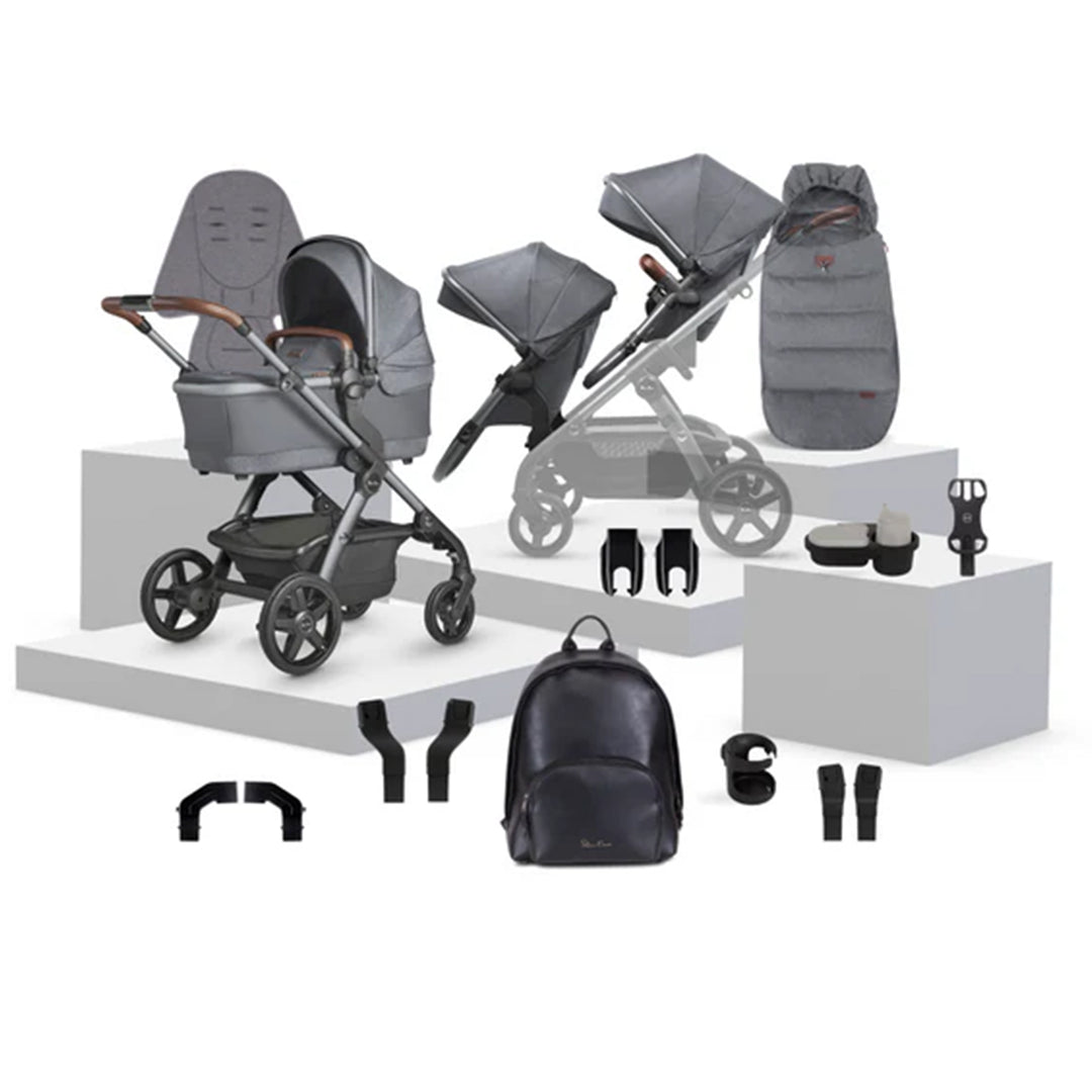 Collection of baby stroller and accessories on a white background