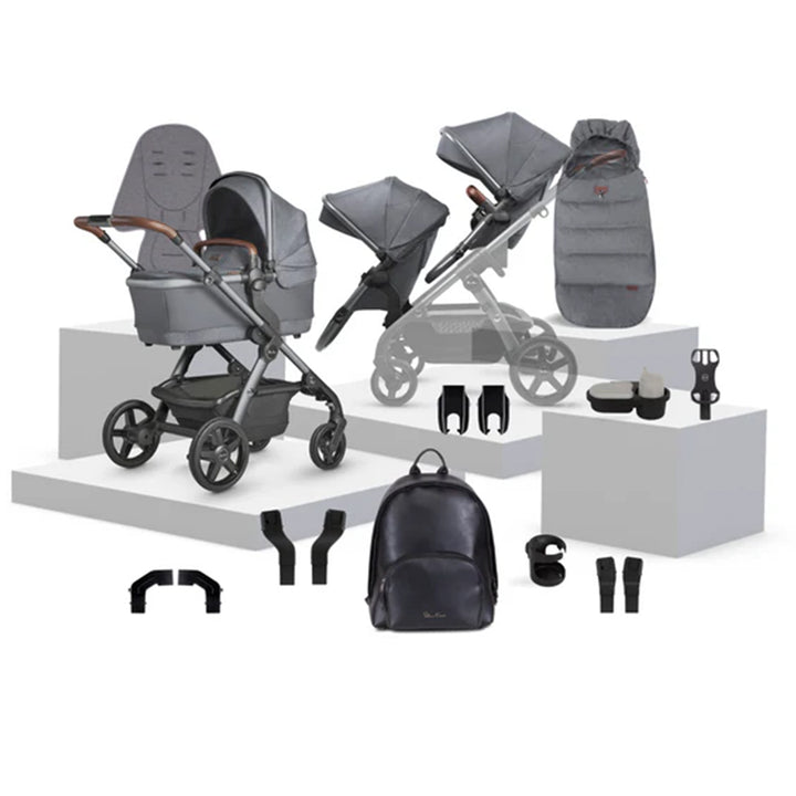 Collection of baby stroller and accessories on a white background