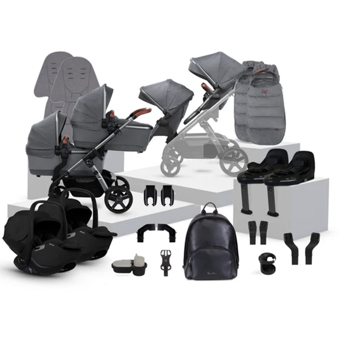 Collection of baby stroller and related accessories on a white background