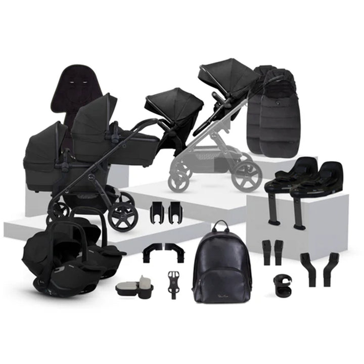 Black stroller and car seat set with accessories on a white background